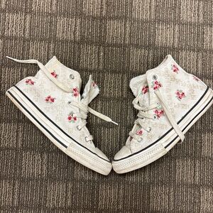 Converse Kids White High-Top Sneakers with Red Floral Embroidery